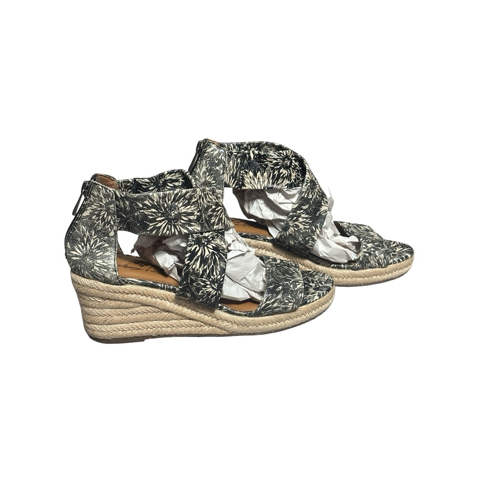 Patricia Nash Sunflower Print Leather Espadrille Wedges Size 8 Black White